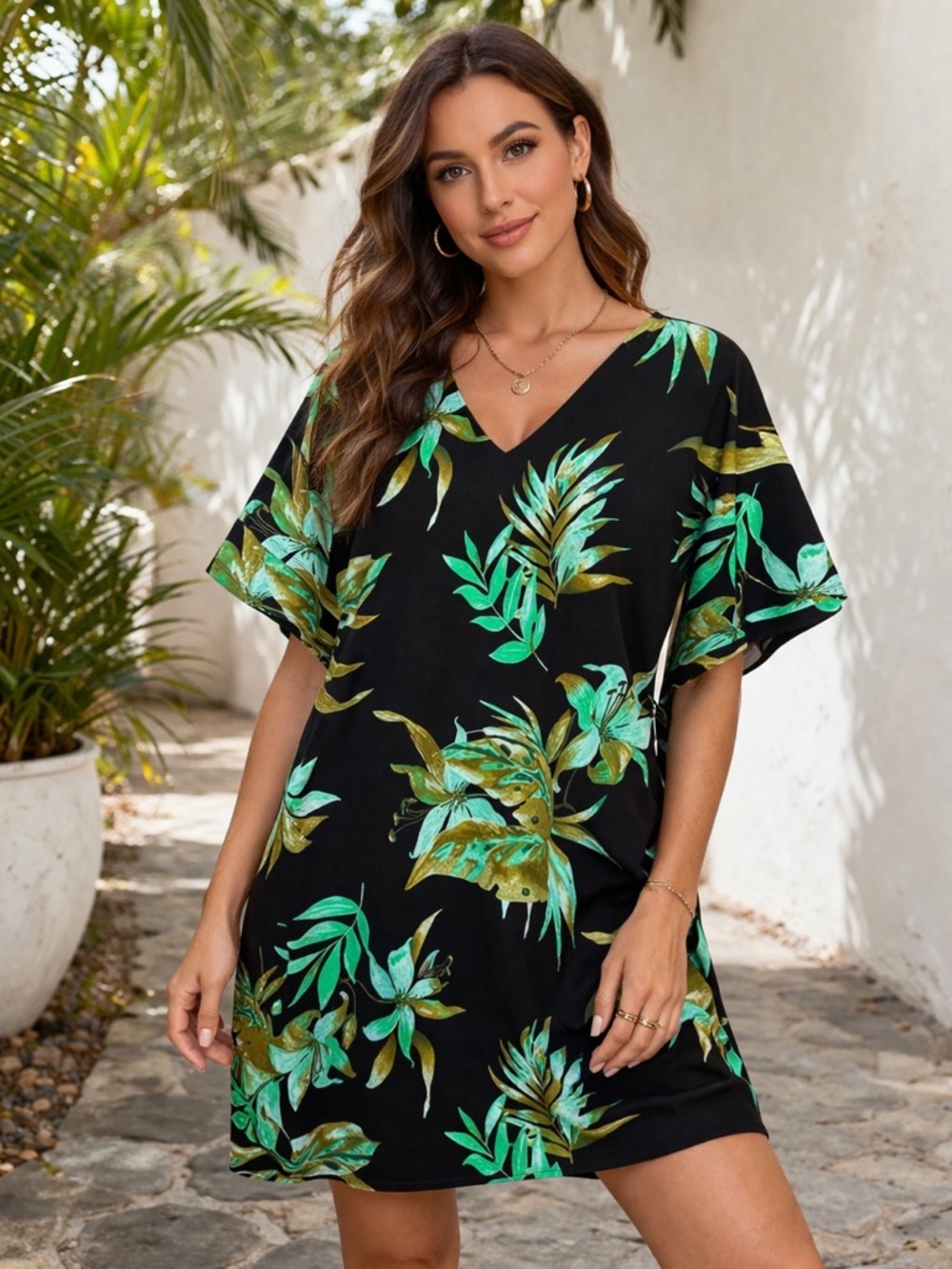 Lauren Ralph Lauren Black Dress with Green and Gold Leaf Print